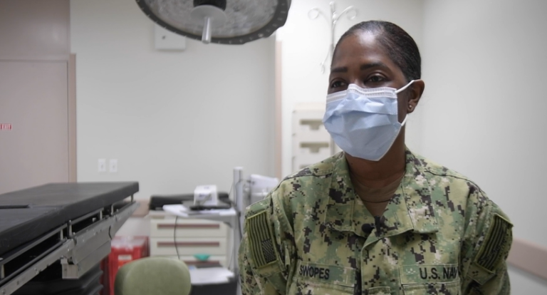 Lt Charlotte Swopes in medical office for DVID documentary