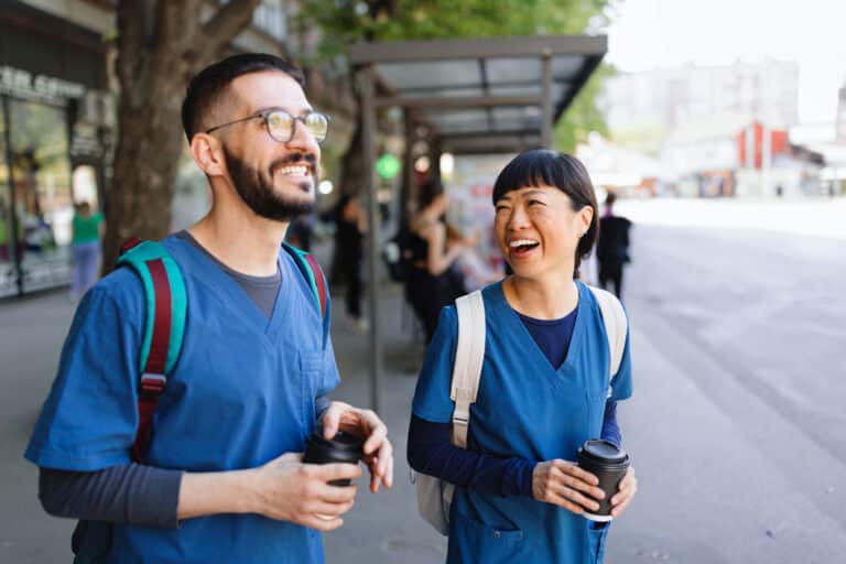 Medical workers waiting for the bus at the bus station